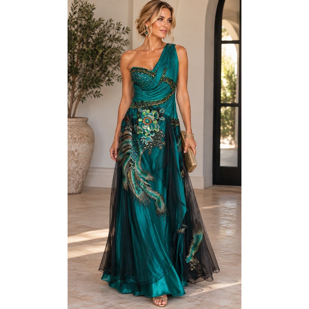 Bicici Evening Dress Teal Peacock Embellished One Shoulder Fairy Y2K Size Medium